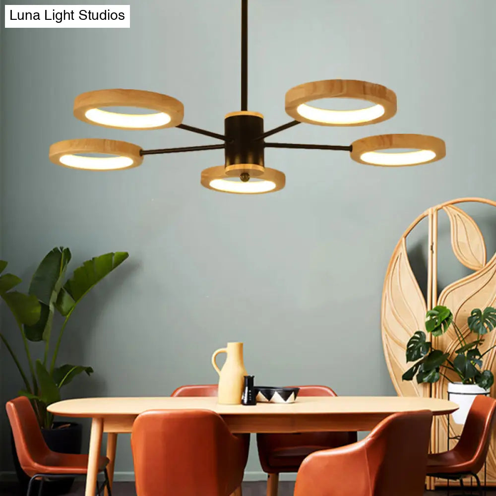 Modern Wood Sputnik Chandelier Pendant Light - 3/5/6 Lights Black Led Hanging Ceiling Lamp In