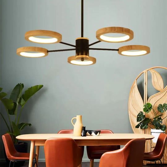 Modern Wood Sputnik Chandelier Pendant Light - 3/5/6 Lights Black Led Hanging Ceiling Lamp In