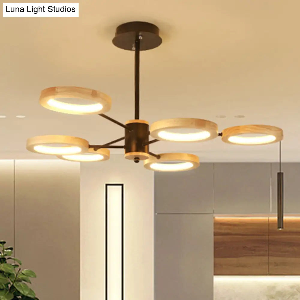 Modern Wood Sputnik Chandelier Pendant Light - 3/5/6 Lights Black Led Hanging Ceiling Lamp In