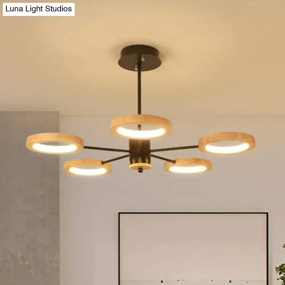 Modern Wood Sputnik Chandelier Pendant Light - 3/5/6 Lights Black Led Hanging Ceiling Lamp In