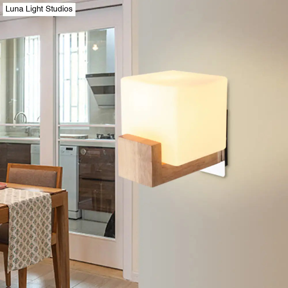 Modern Wood Square Wall Sconce With White Glass Shade: Single Head Mounted Light

Note: While