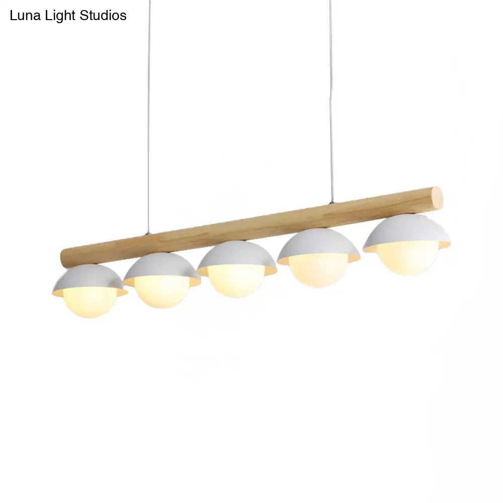 Modern Wood Stem Linear Chandelier - 5/7 Lights White Shade Billiard For Restaurants