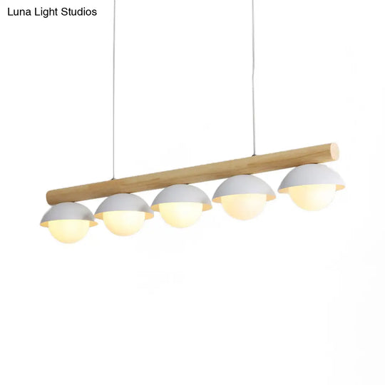 Modern Wood Stem Linear Chandelier - 5/7 Lights White Shade Billiard For Restaurants