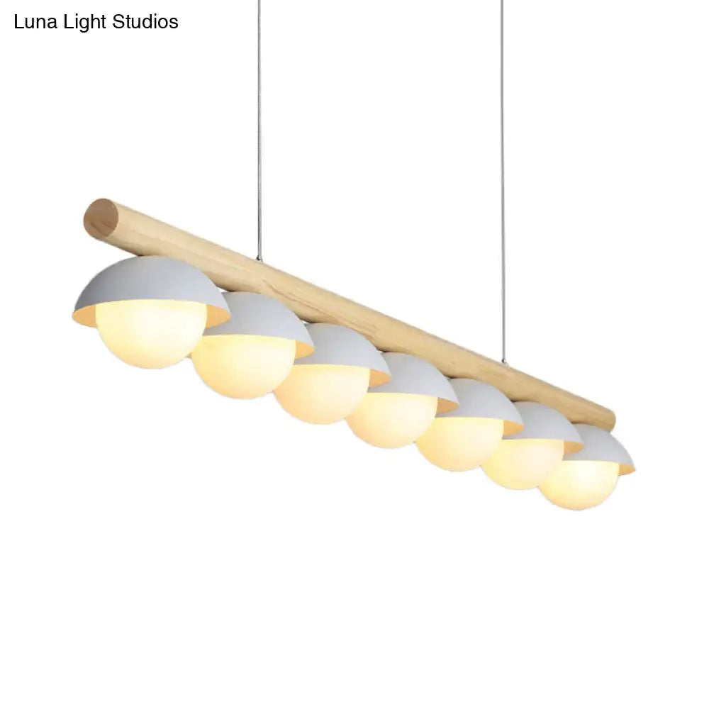 Modern Wood Stem Linear Chandelier - 5/7 Lights White Shade Billiard For Restaurants