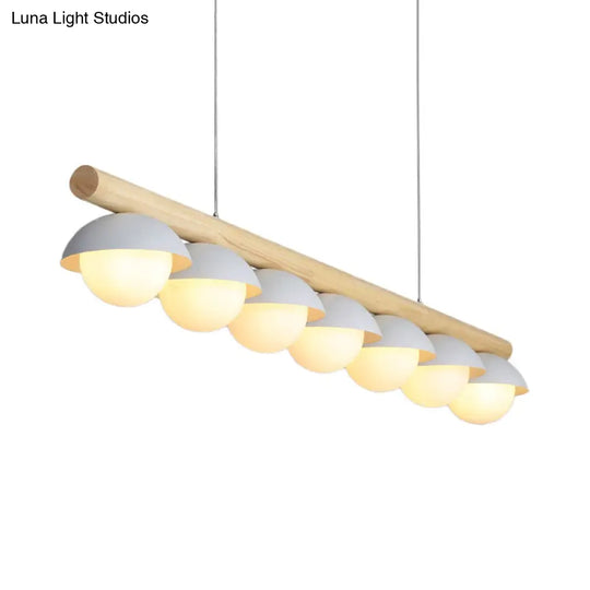 Modern Wood Stem Linear Chandelier - 5/7 Lights White Shade Billiard For Restaurants