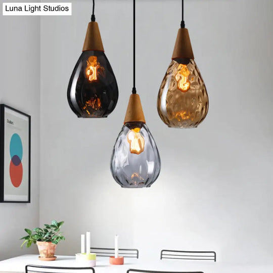 Modern Wood Teardrop Pendant Light With Amber Water Glass For Restaurant - 6’/8’ Wide