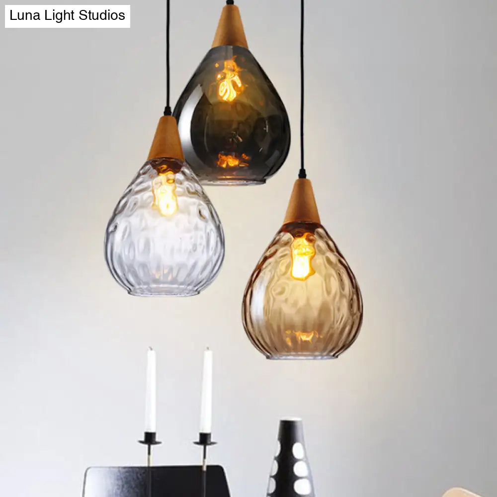 Modern Wood Teardrop Pendant Light With Amber Water Glass For Restaurant - 6’/8’ Wide