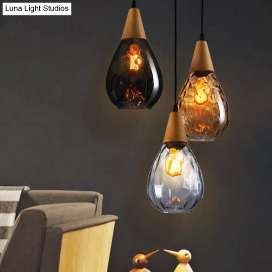 Modern Wood Teardrop Pendant Light Fixture - 6/8 Wide Amber Water Glass Hanging Lamp For Restaurants