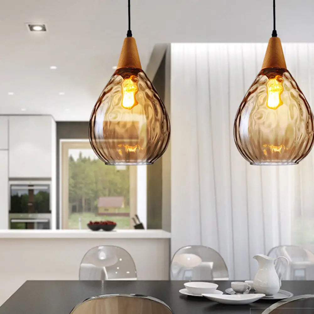 Modern Wood Teardrop Pendant Light With Amber Water Glass For Restaurant - 6’/8’ Wide / 8’