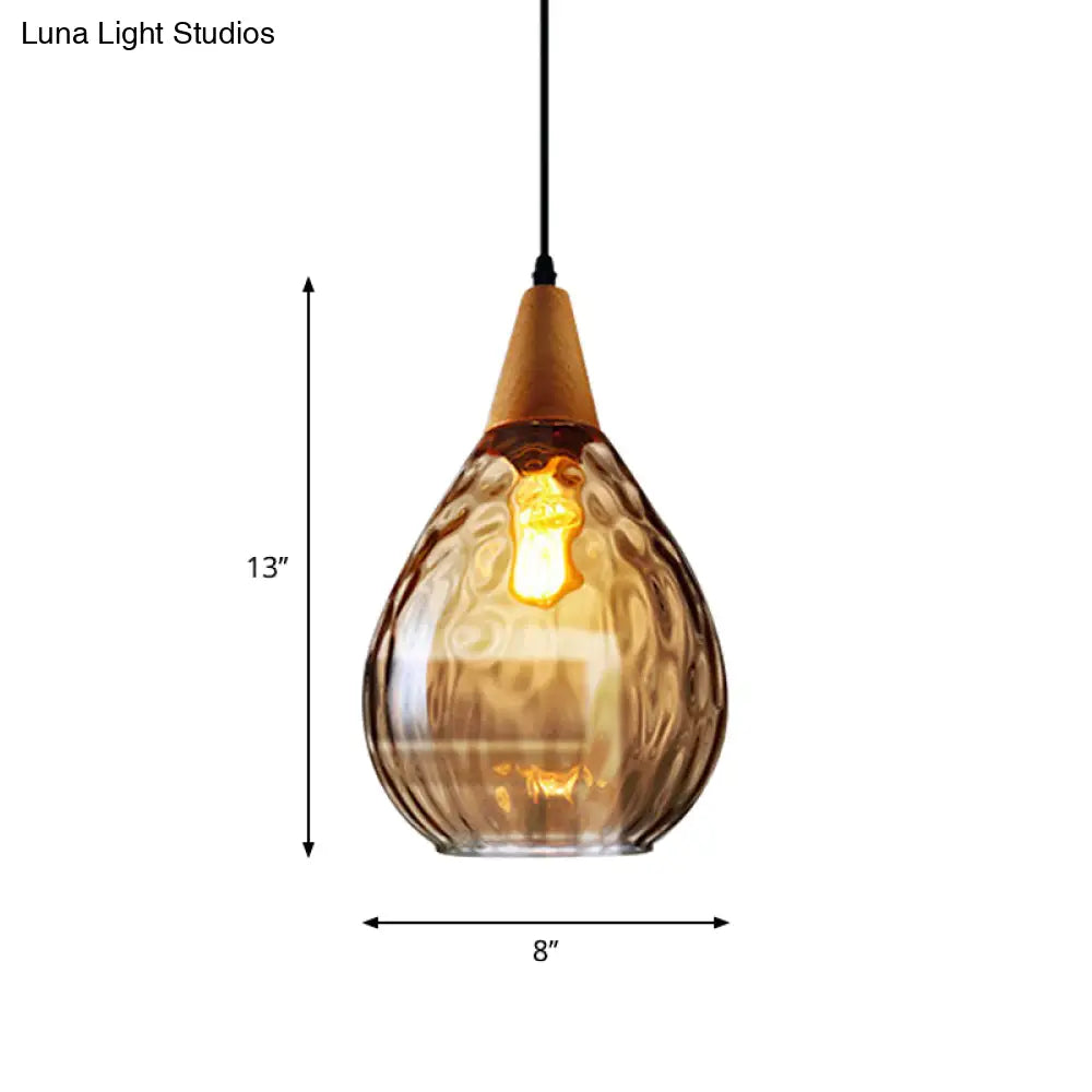 Modern Wood Teardrop Pendant Light With Amber Water Glass For Restaurant - 6’/8’ Wide