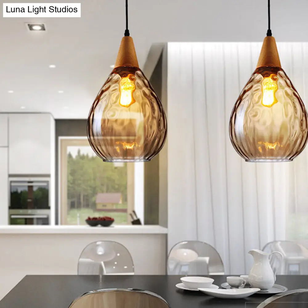 Modern Wood Teardrop Pendant Light Fixture - 6/8 Wide Amber Water Glass Hanging Lamp For Restaurants