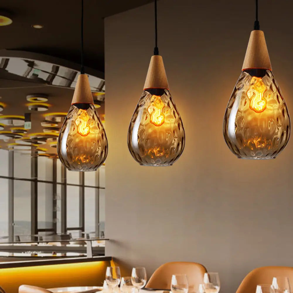 Modern Wood Teardrop Pendant Light With Amber Water Glass For Restaurant - 6’/8’ Wide / 6’