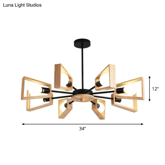 Modern Wood Trapezoid Chandelier With 8-Head Black Suspended Lamps And Radial Design