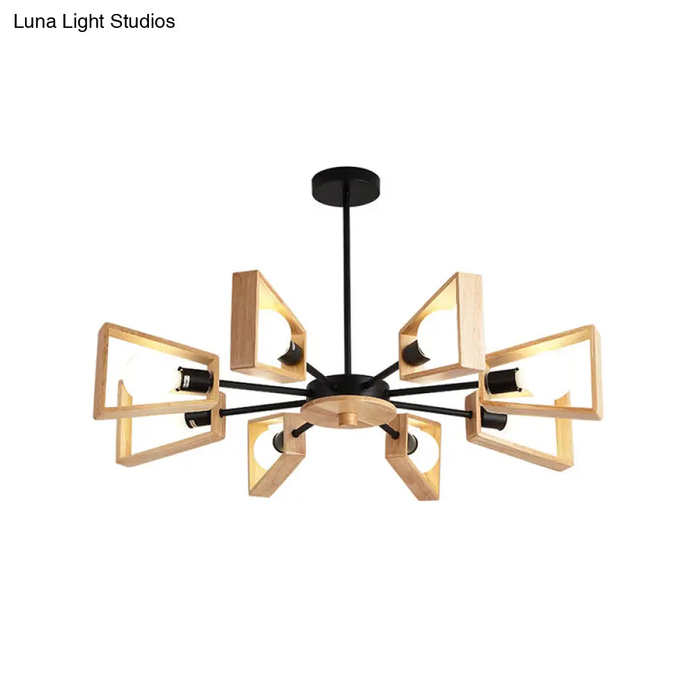 Modern Wood Trapezoid Chandelier With 8-Head Black Suspended Lamps And Radial Design