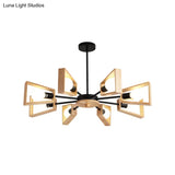 Modern Wood Trapezoid Chandelier With 8-Head Black Suspended Lamps And Radial Design