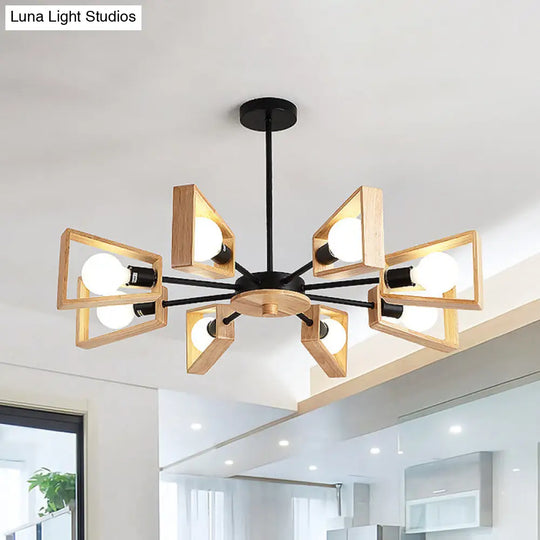 Modernist Wood Trapezoid 8-Head Suspension Lamp: Black Radial Ceiling Chandelier