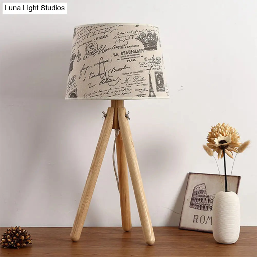 Modern Wood Tripod Desk Light In Beige For Hotel - Tapered Shade With Reading Bulb