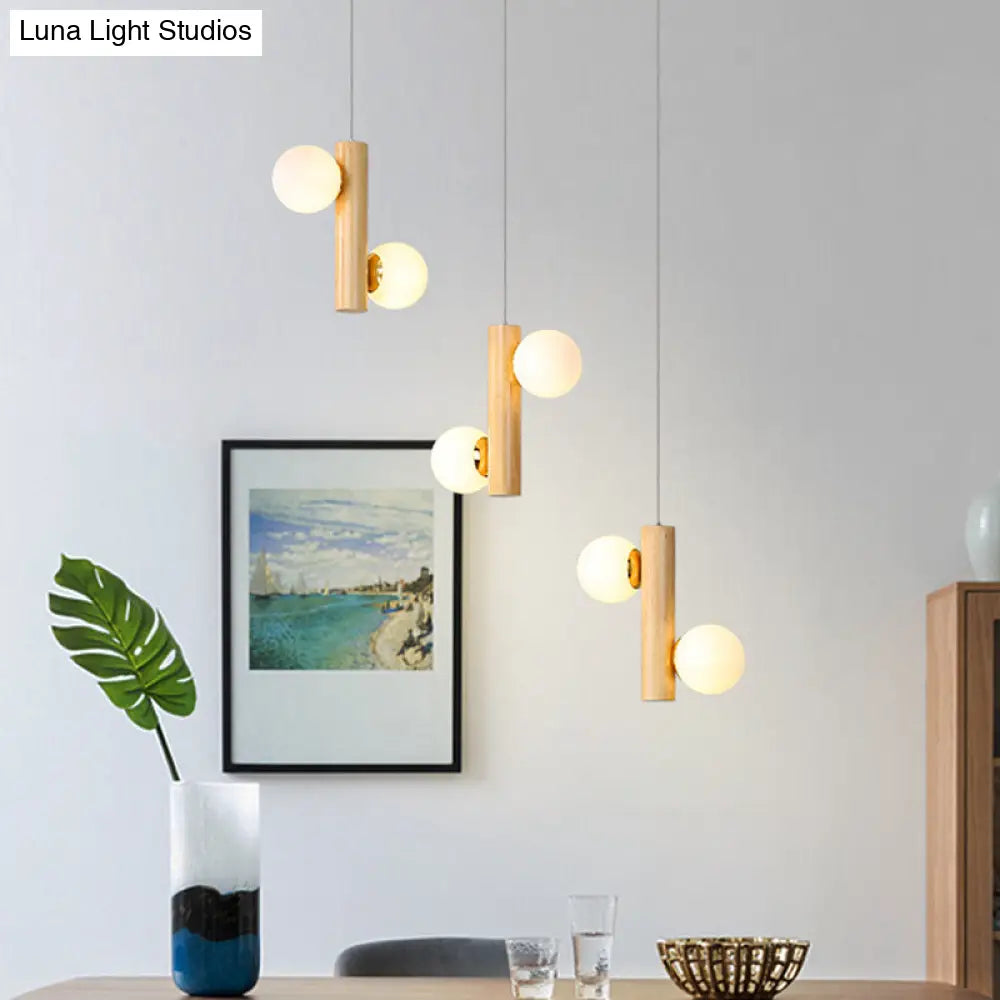 Modern Wood Tubular Pendant Light With 6 Beige Bulbs For Dining Room Ceiling