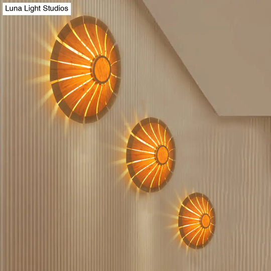 Modern Wood Veneer Wall Sconce Lighting - 19.5/23.5 Diameter Circular Design 1 Light For Living Room