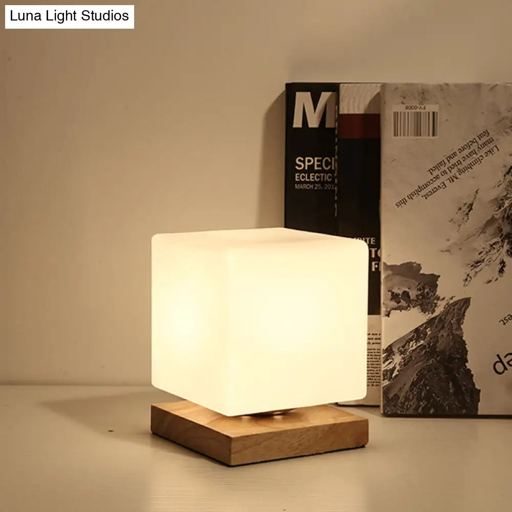 Modern Wood White Glass Book Light With Single Bulb - Globe/Cylinder/Square Shade Task Lighting