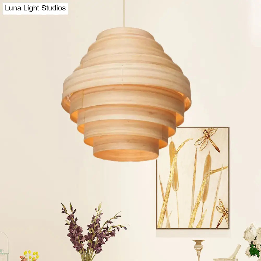 Natural Wood Tiered Pendant Light For Modern Living Spaces