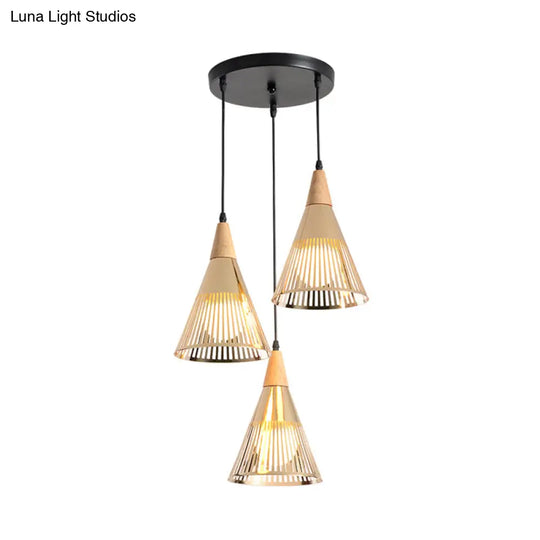 Modern Wooden 3-Light Gold Cage Pendant: Deep Cone Design For Stylish Ceiling Lighting