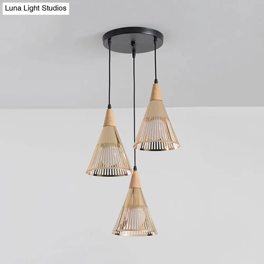 Modern Wooden 3-Light Gold Cage Pendant: Deep Cone Design For Stylish Ceiling Lighting