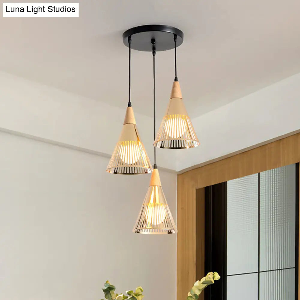 Modern Wooden 3-Light Gold Cage Pendant: Deep Cone Design For Stylish Ceiling Lighting