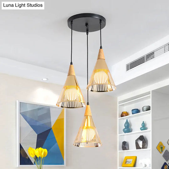Modern Wooden 3-Light Gold Cage Pendant: Deep Cone Design For Stylish Ceiling Lighting