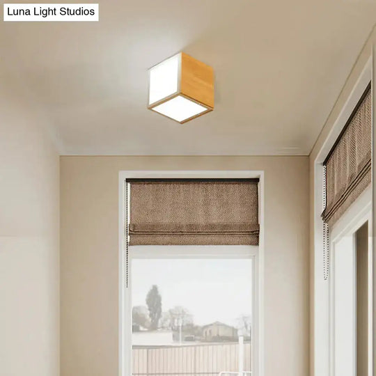 Modern Wooden Beige Cube Flush Ceiling Light - Bedroom Lighting Fixture