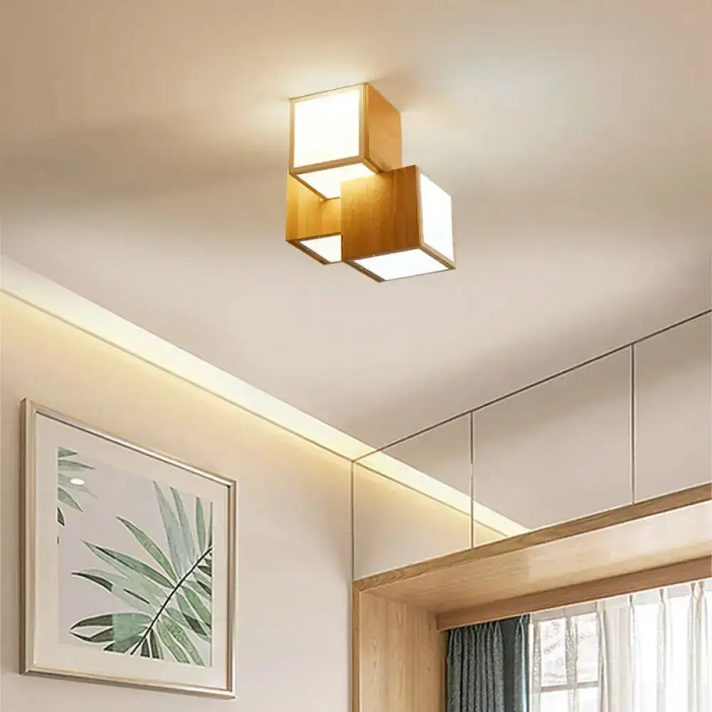 Modern Wooden Beige Cube Flush Ceiling Light - Bedroom Lighting Fixture 3 / Wood Natural