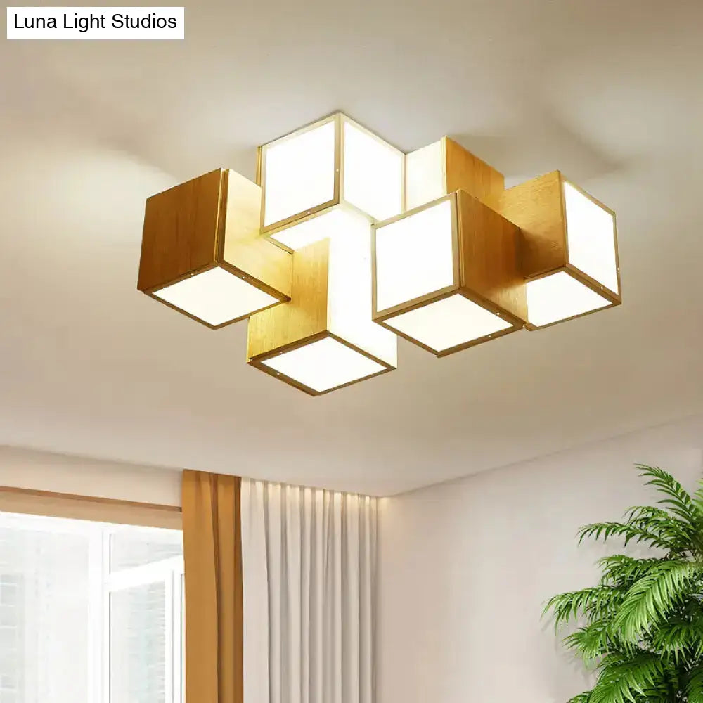 Modern Wooden Beige Cube Flush Ceiling Light - Bedroom Lighting Fixture