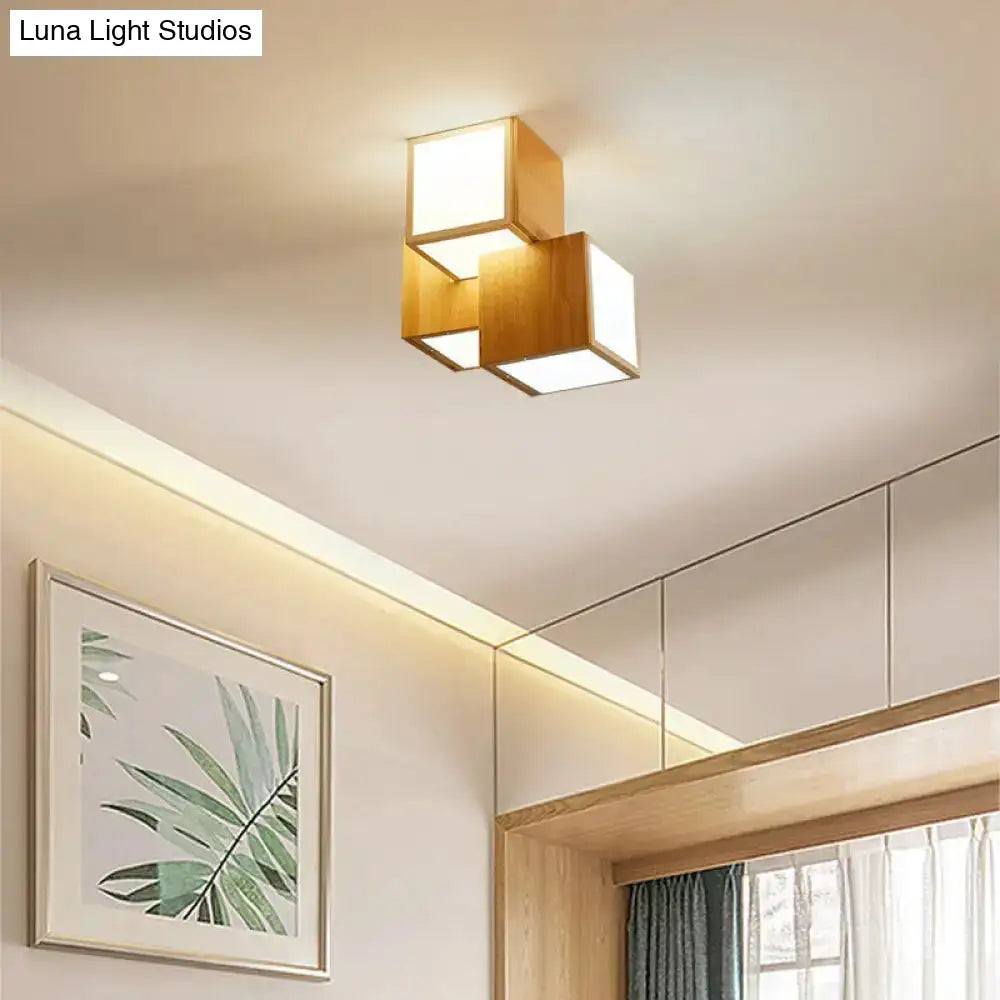 Modern Wooden Beige Cube Flush Ceiling Light - Bedroom Lighting Fixture