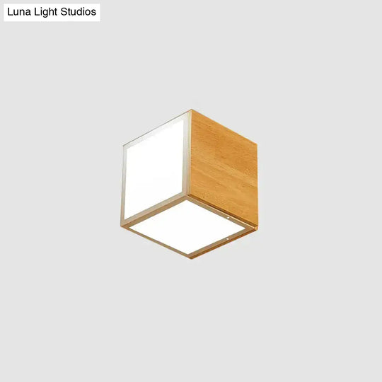 Modern Wooden Beige Cube Flush Ceiling Light - Bedroom Lighting Fixture