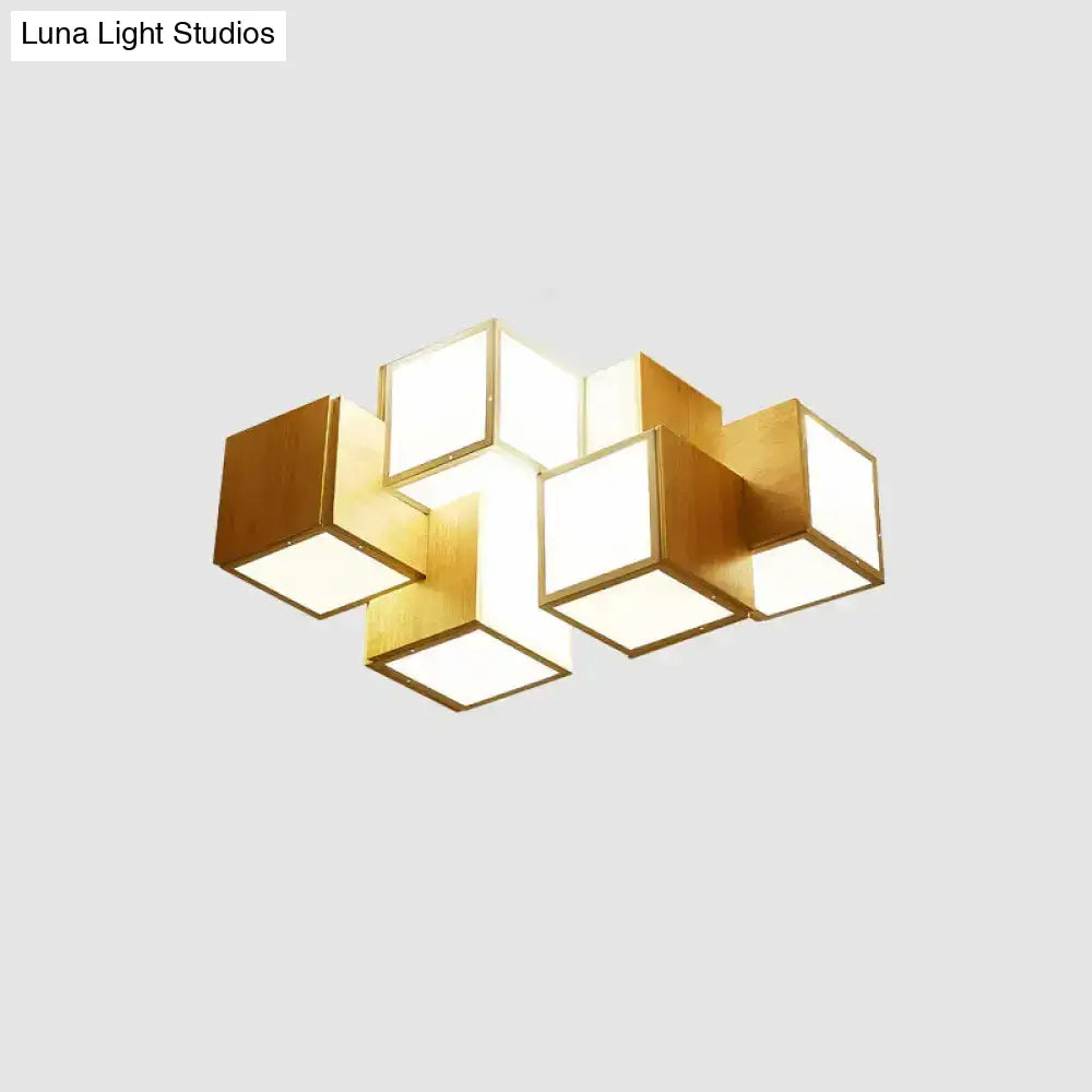 Modern Wooden Beige Cube Flush Ceiling Light - Bedroom Lighting Fixture