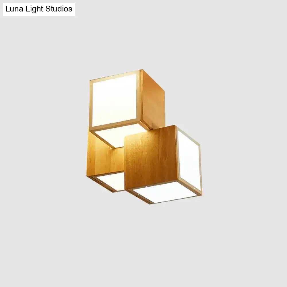 Modern Wooden Beige Cube Flush Ceiling Light - Bedroom Lighting Fixture