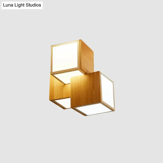 Modern Wooden Beige Cube Flush Ceiling Light - Bedroom Lighting Fixture