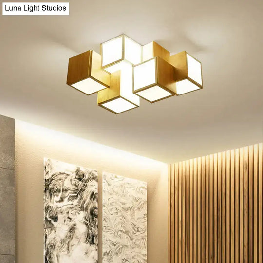 Modern Wooden Beige Cube Flush Ceiling Light - Bedroom Lighting Fixture