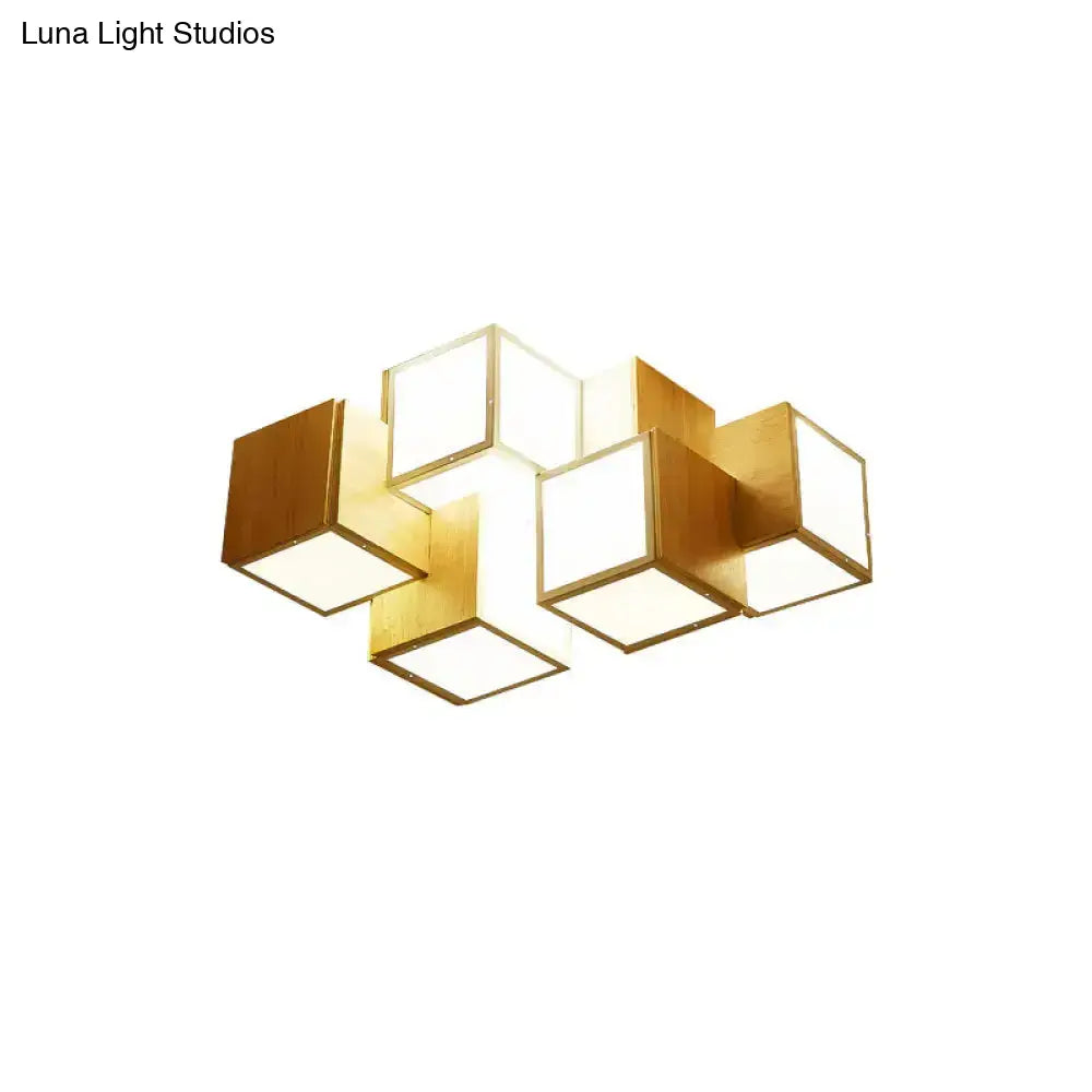 Modern Wooden Beige Cube Flush Ceiling Light - Bedroom Lighting Fixture