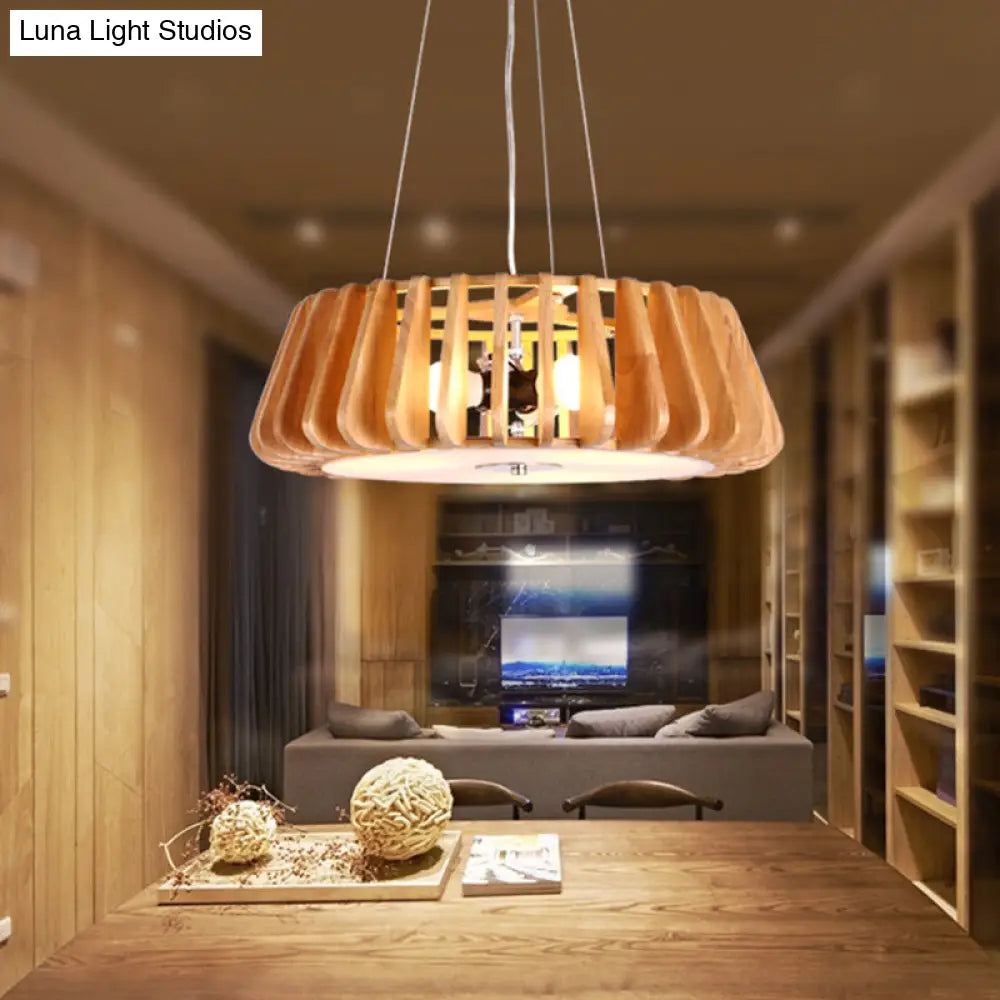Modern Dining Room Pendant Light - Single-Bulb Hanging Lamp With Wooden Drum Cage Wood