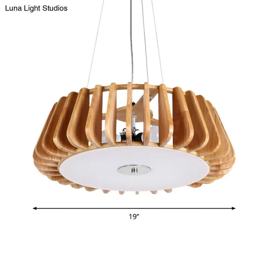 Modern Dining Room Pendant Light - Single-Bulb Hanging Lamp With Wooden Drum Cage