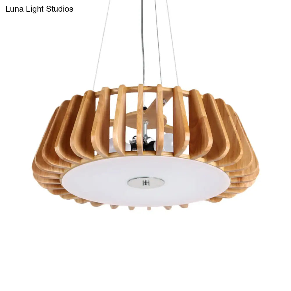 Modern Dining Room Pendant Light - Single-Bulb Hanging Lamp With Wooden Drum Cage