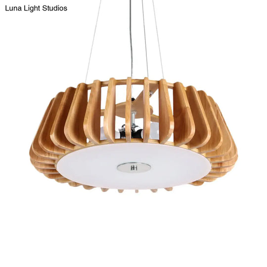 Modern Dining Room Pendant Light - Single-Bulb Hanging Lamp With Wooden Drum Cage