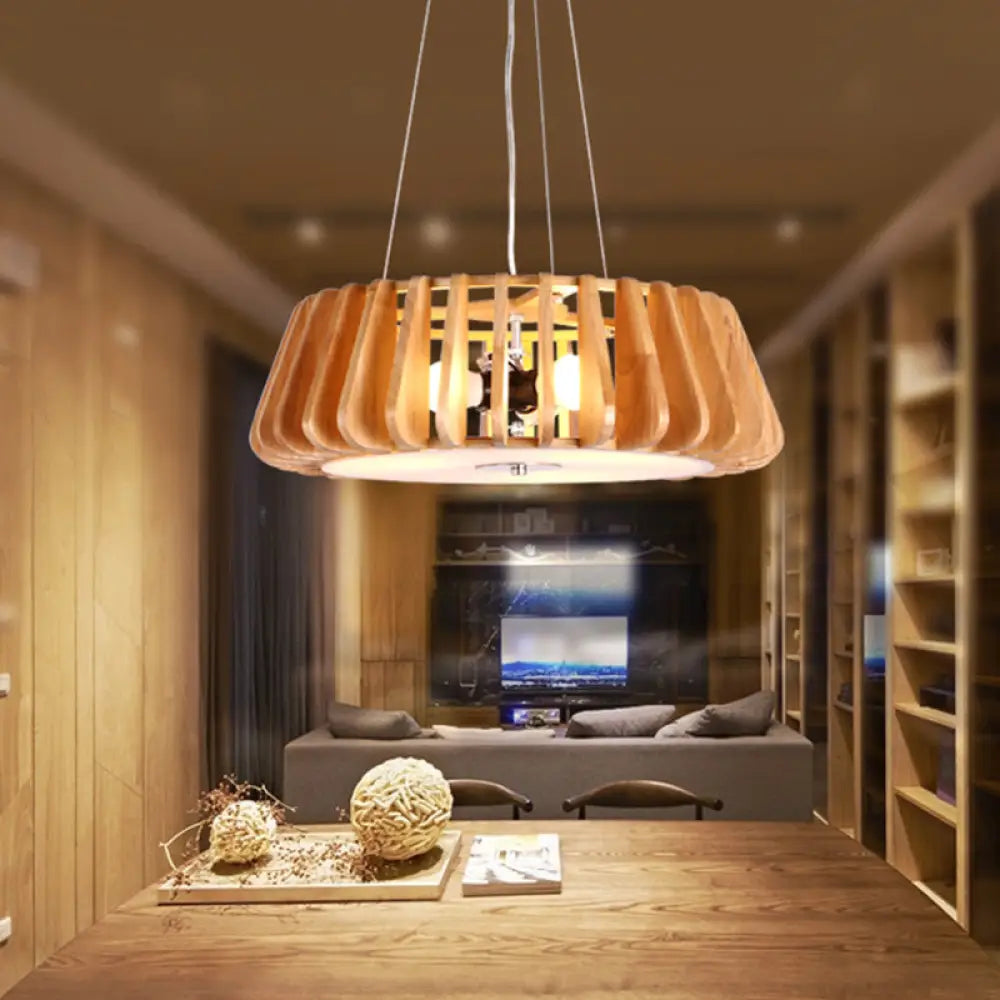 Modern Wooden Cage Pendant Light For Dining Room With Single Bulb Wood