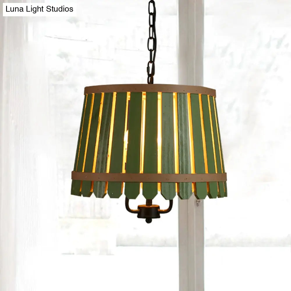 Modern Wooden Chandelier Light Fixture - 12.5/16.5 Wide Slatted Design 3 Lights Blue/Green/Wood