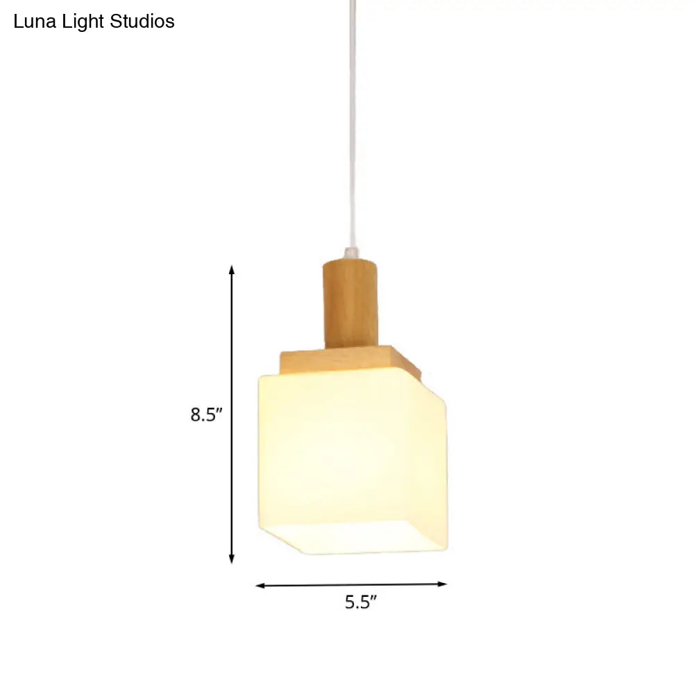 Modern Cube Cream Glass Pendant Light For Foyer - Wood Ceiling Lamp