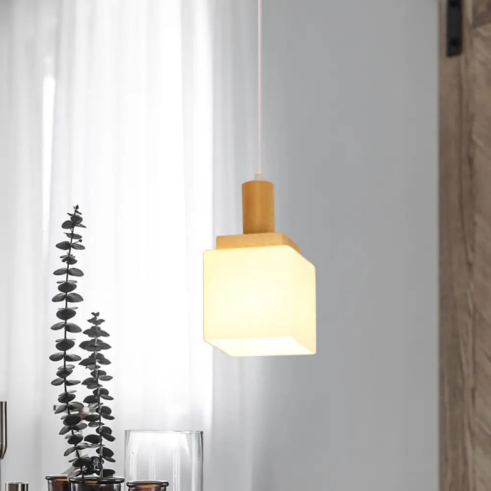 Modern Wooden Cube Glass Pendant Light For Foyer - Asian Inspired Ceiling Lamp Wood