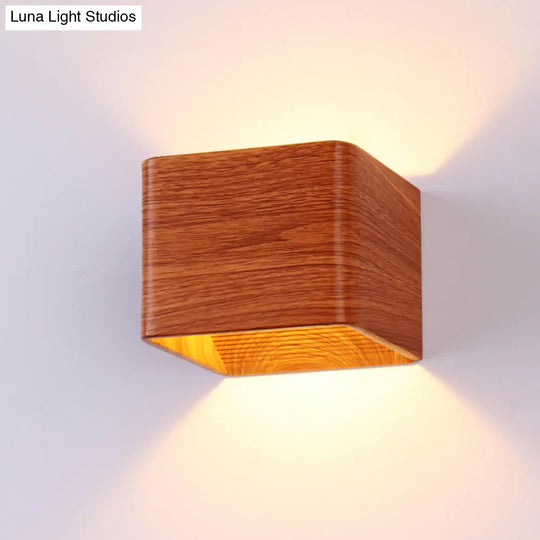 Modern Wooden Cube Wall Sconce Light - 1-Light Living Room Up & Down Fixture In Warm/White