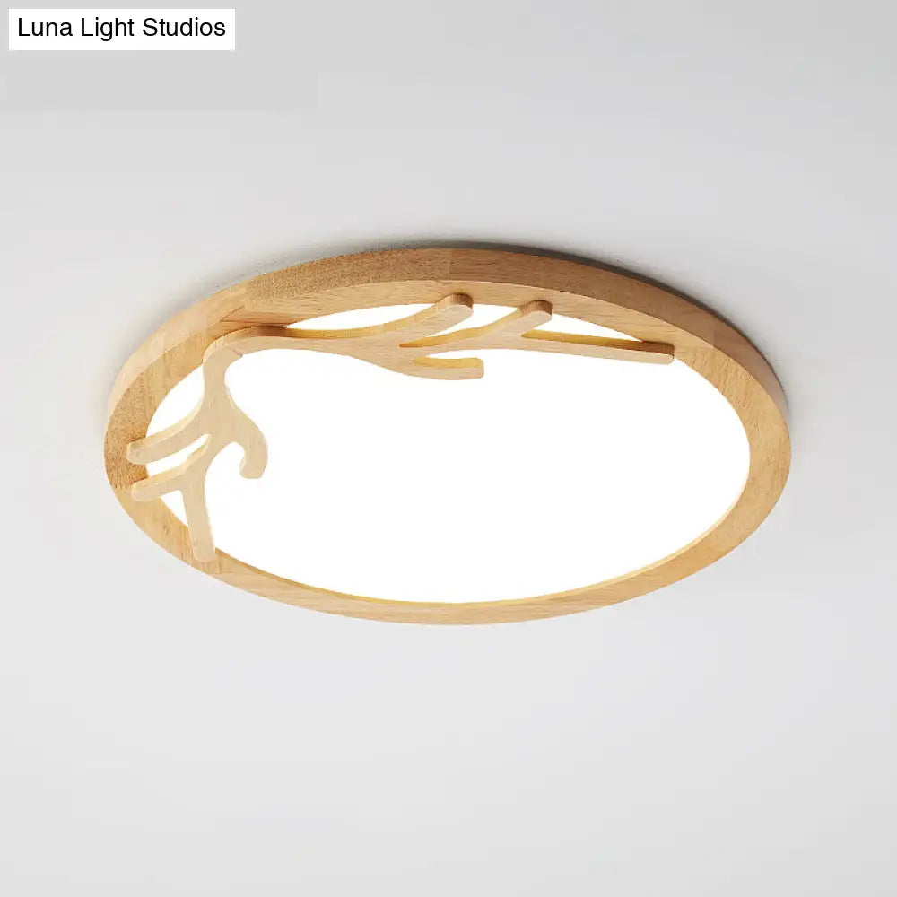 Modern Wooden Deer Antler Led Ceiling Light Flush Mount With Acrylic Diffuser - Beige