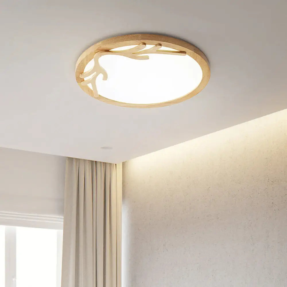 Modern Wooden Deer Antler Led Ceiling Light Flush Mount With Acrylic Diffuser - Beige Wood / 12’